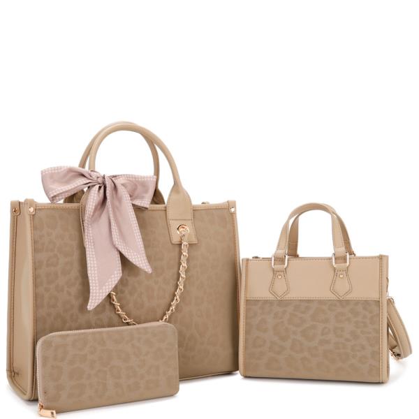 3 IN 1 LEOPARD SILKY RIBBON TOTE BAG WALLET SET