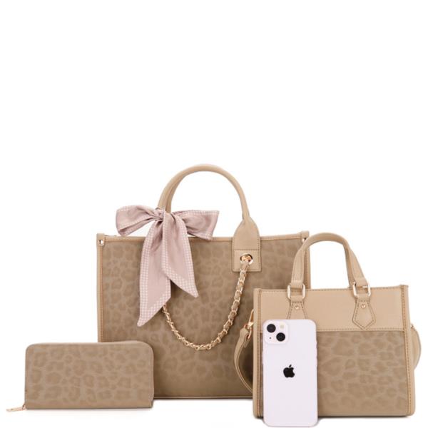 3 IN 1 LEOPARD SILKY RIBBON TOTE BAG WALLET SET