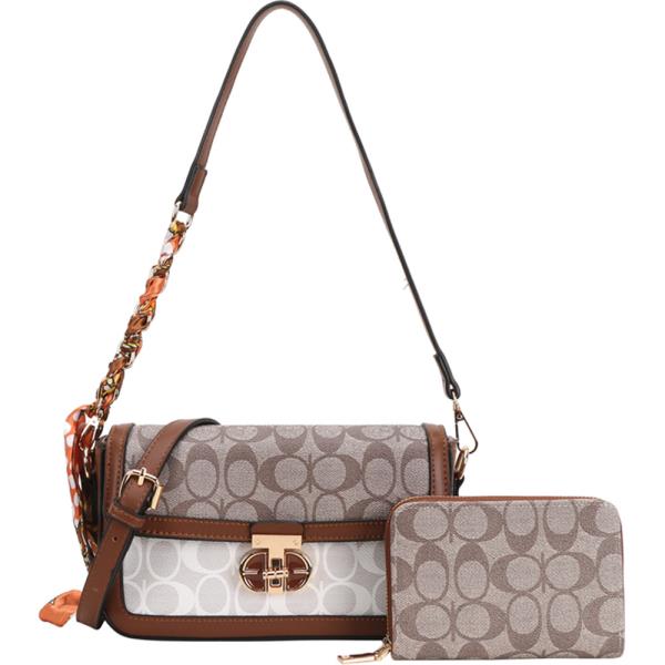 MONOGRAM FAUX LEATHER SHOULDER CROSSBODY BAG WALLET SET