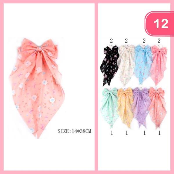 FLOWER PRINT LONG TAIL HAIR BOW (12 UNITS)