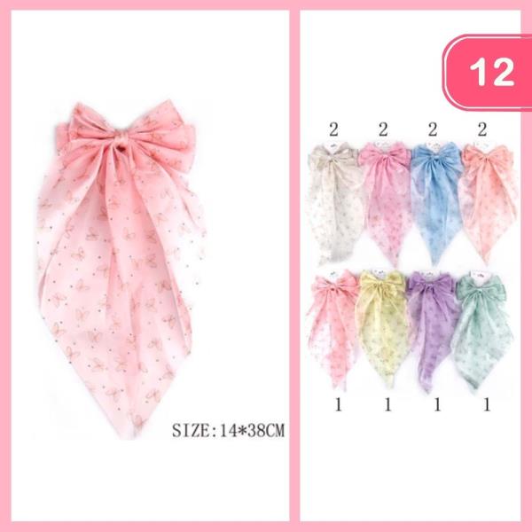 BUTTERFLY PRIN LONG TAIL HAIR BOW (12 UNITS)