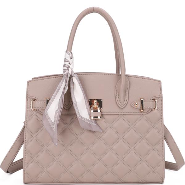 QUILTED SCARF ACCENT SATCHEL BAG WITH CROSSBODY