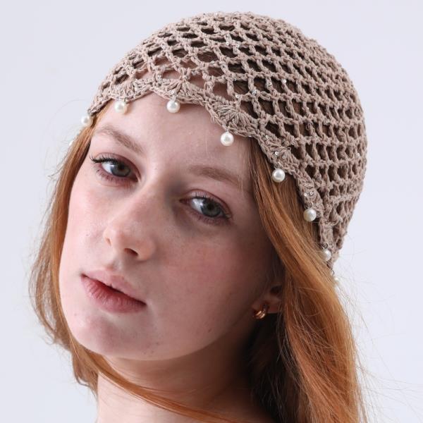 BOHO SEQUIN PERAL TASSEL CROCHET BEANIE LIGHT WEIGHT HOLLOW KNIT HAT