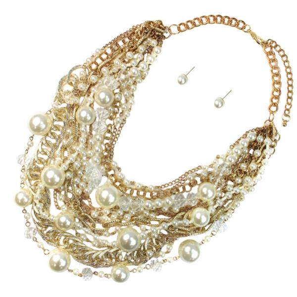 PEARL LAYERED WITH CHAIN NECKLACE EARRING SET