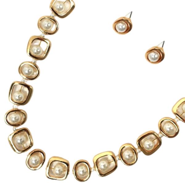 METAL W PEARL NECKLACE EARRING SET