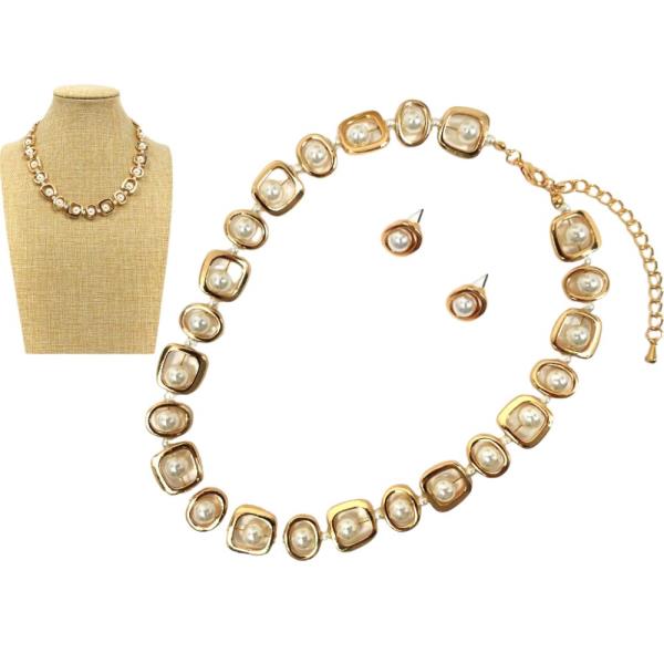 METAL W PEARL NECKLACE EARRING SET