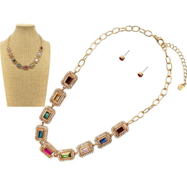METAL W STONE NECKLACE EARRING SET