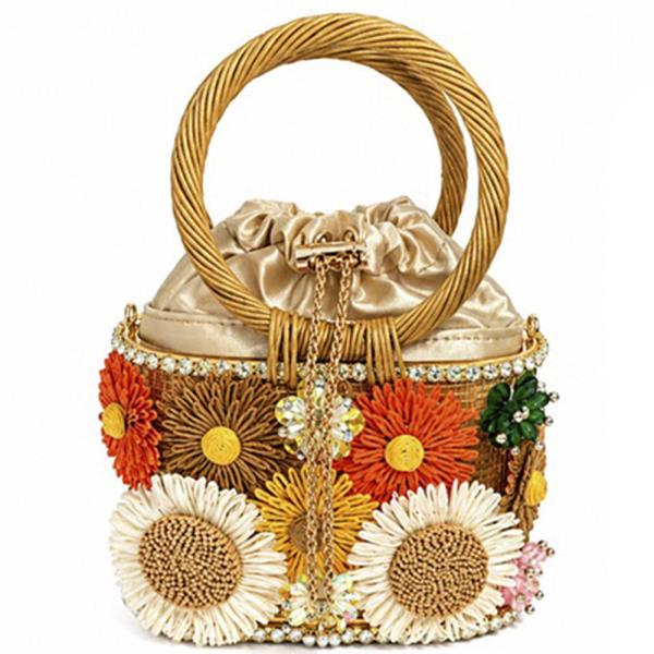 SUNFLOWER DECORATED DESIGN DRAWSTRING HANDLE EVENING BAG