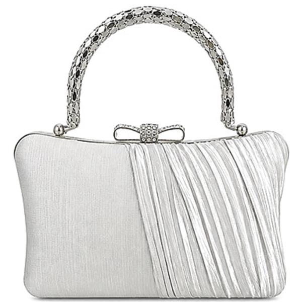 BOW RHINESTONE EMBELLISHED HANDLE PLEATED DESIGN EVENING CLUTCH BAG