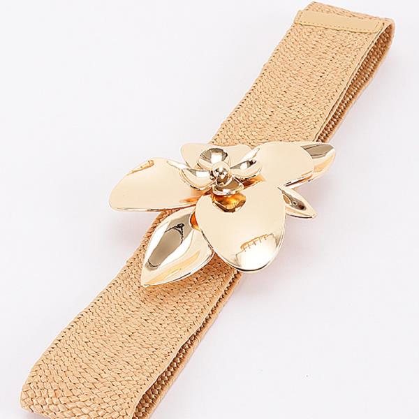 FAUX STRAW BIG FLOWER METAL BUCKLE ELASTIC BELT