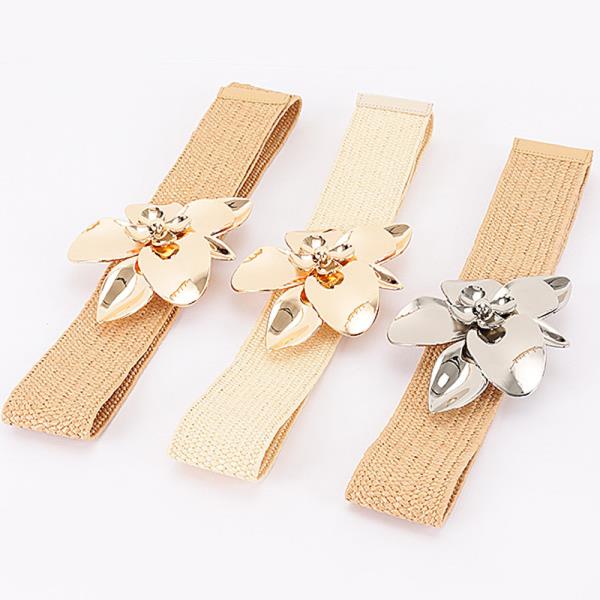FAUX STRAW BIG FLOWER METAL BUCKLE ELASTIC BELT