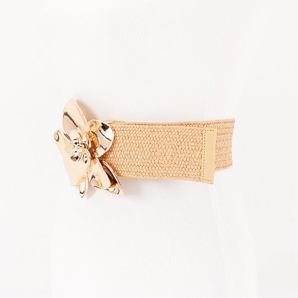 FAUX STRAW BIG FLOWER METAL BUCKLE ELASTIC BELT