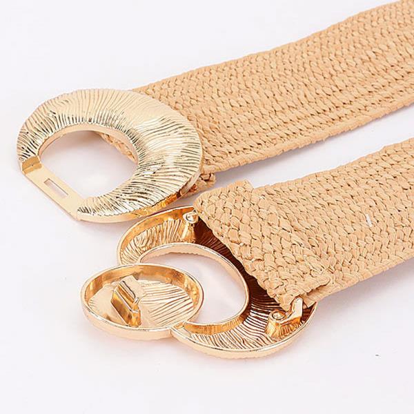 FAUX STRAW BIG METAL BUCKLE ELASTIC BELT