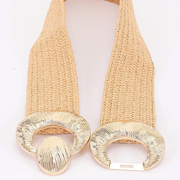 FAUX STRAW BIG METAL BUCKLE ELASTIC BELT