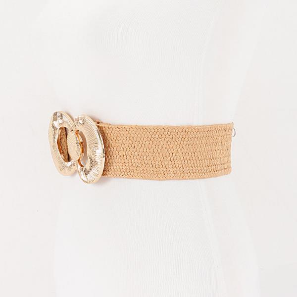 FAUX STRAW BIG METAL BUCKLE ELASTIC BELT