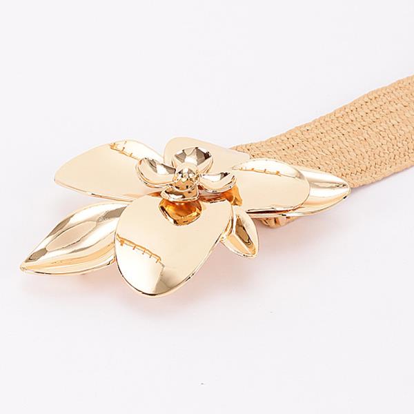 FAUX STRAW BIG FLOWER METAL BUCKLE ELASTIC BELT