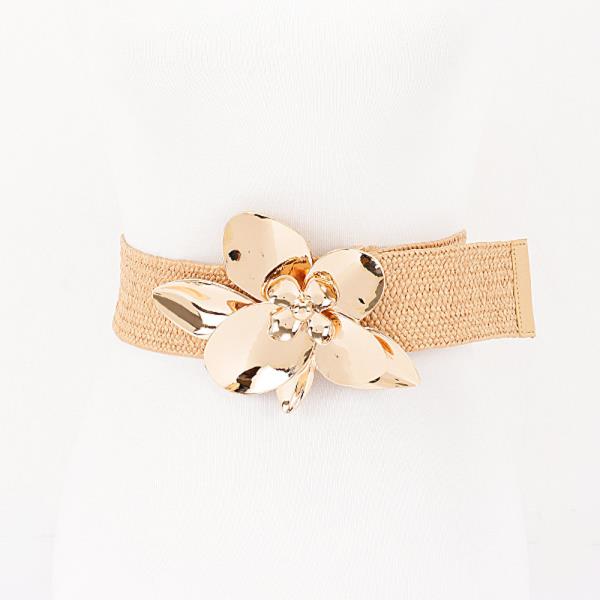 FAUX STRAW BIG FLOWER METAL BUCKLE ELASTIC BELT