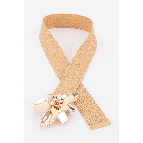 FAUX STRAW BIG FLOWER METAL BUCKLE ELASTIC BELT