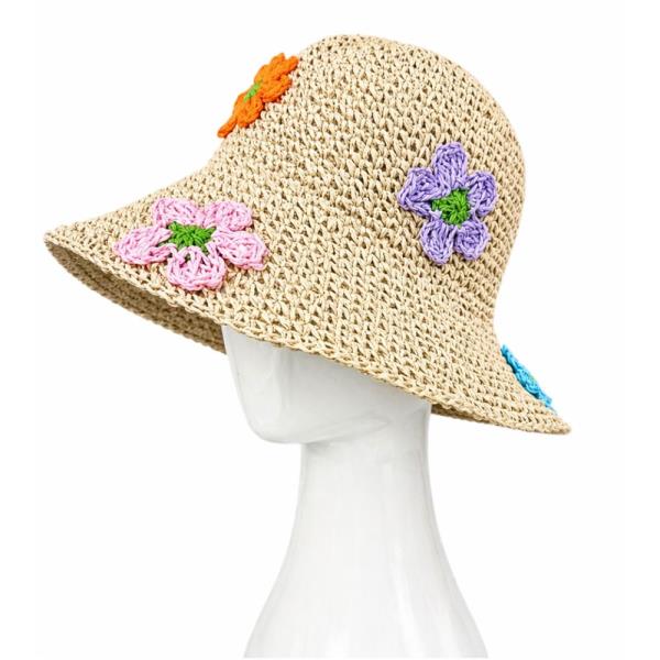 STRAW CROCHET FLOWER WIDE BRIM SUN HAT