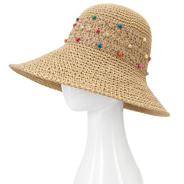 STRAW MULTI BEAD WIDE BRIM SUN HAT