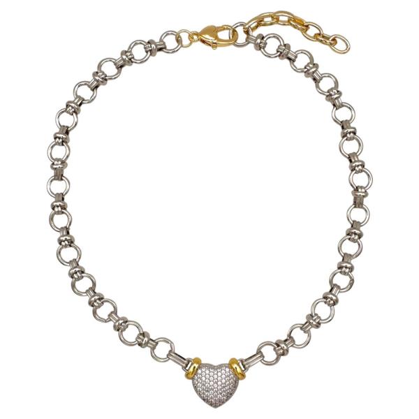 TWO TONE OMEGA LINKS CZ PAVE HEART NECKLACE
