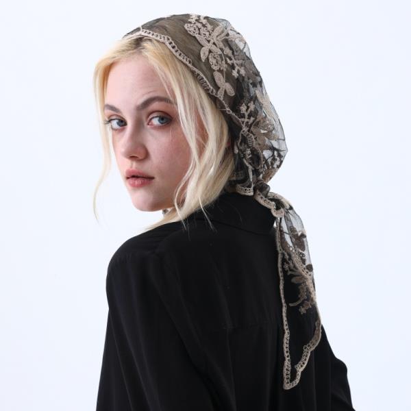 SHEER FLORAL EMBRAIDED LACE HEADSCARF RETRO TRIANGLE KERCHIEF HEAD WRAP