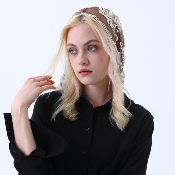 SHEER FLORAL EMBRAIDED LACE HEADSCARF RETRO TRIANGLE KERCHIEF HEAD WRAP