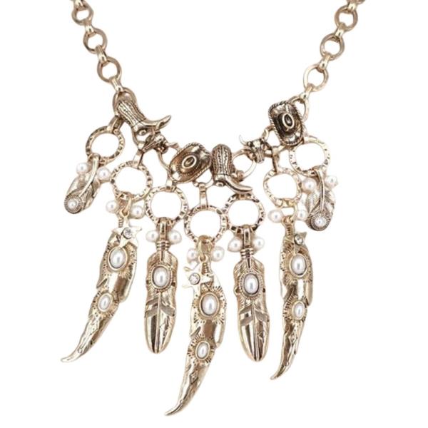 PEARL FEATHER MULTI CHARM STATEMENT NECKLACE