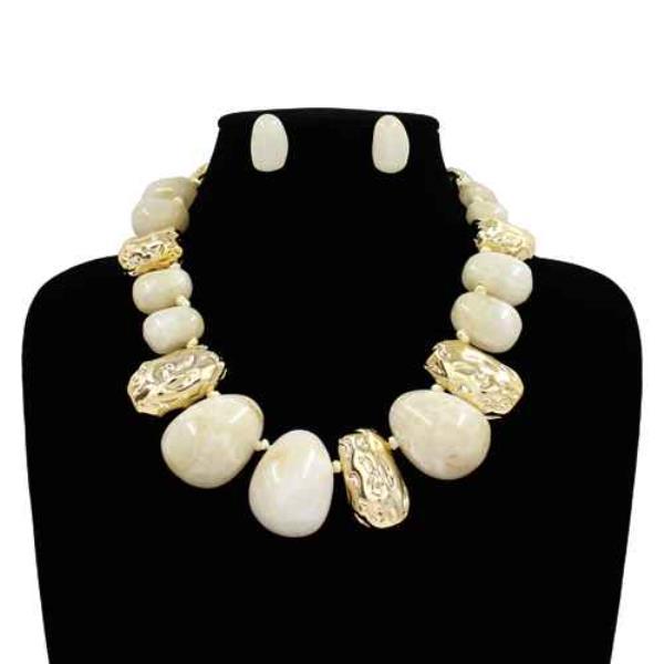 STONE METAL BEAD STATEMENT NECKLACE EARRING SET