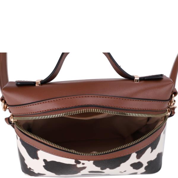 COW PRINT DOUBLE ZIP CROSSBODY BOX BAG