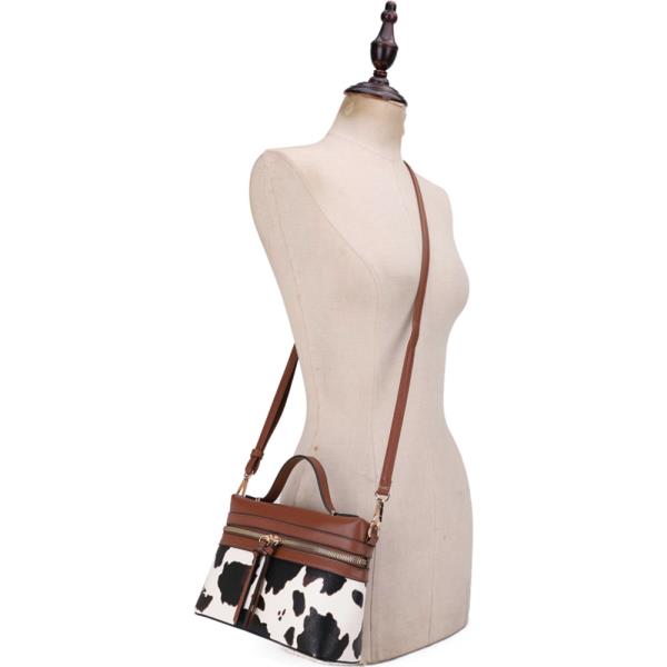 COW PRINT DOUBLE ZIP CROSSBODY BOX BAG