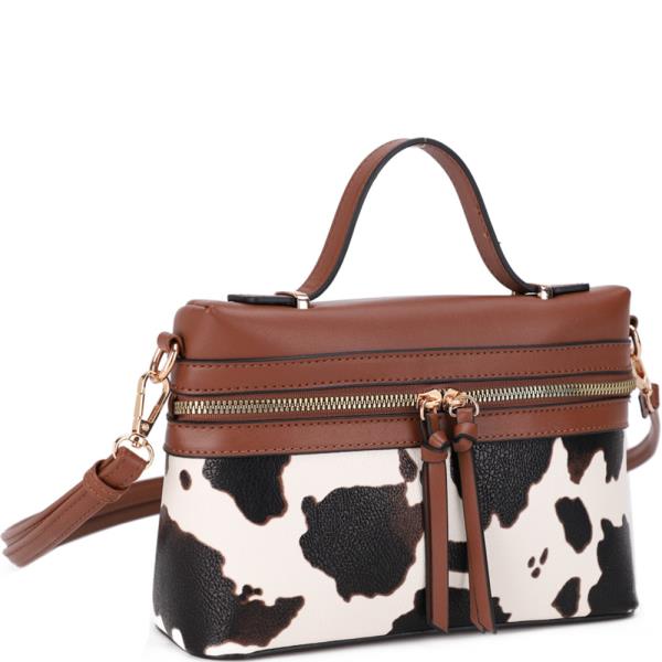 COW PRINT DOUBLE ZIP CROSSBODY BOX BAG