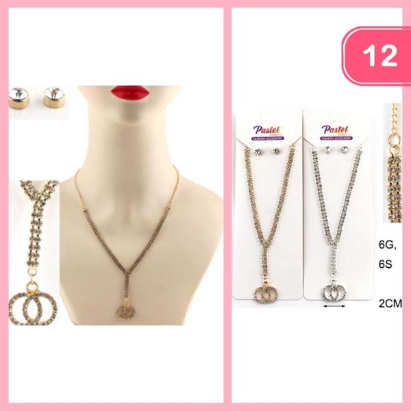 RHINESTONE DOUBLE CIRCLE PENDANT NECKLACE EARRING SET (12 UNITS)