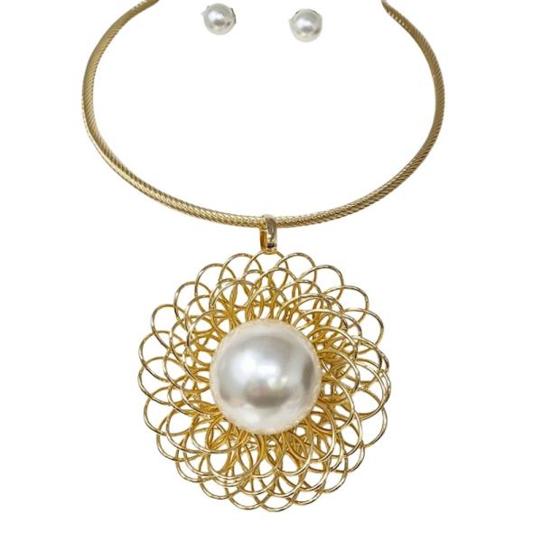 PEARL FILIGREE FLOWER STATEMENT NECKLACE EARRING SET