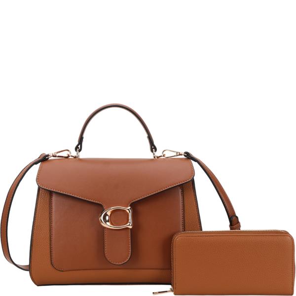 FAUX LEATHER METAL BUCKLE TOP HANDLE SATCHEL BAG WALLET SET