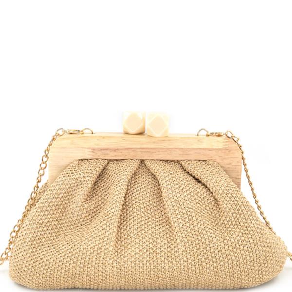 STRAW FRAME CLUTCH BAG WITH CROSSBODY CHAIN