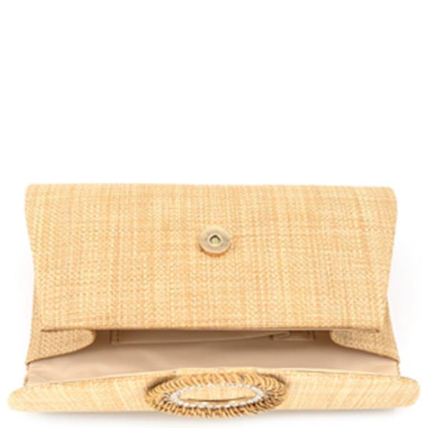 RHINESTONE STRAW RATTAN BUCKLE CLUTCH BAG