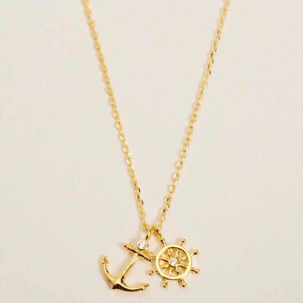 16 INCH ANCHOR AND WHEEL SHAPED METAL W/GOLD-DIPPED PENDANT NECKLACE