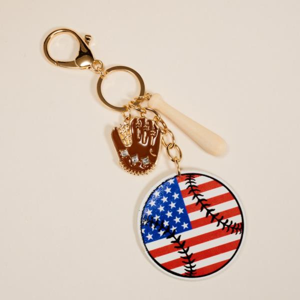 BASEBALL GLOVE SHAPED PATTERN PRINTED LEATHER W/ BAT GLOVE RHINESTONE BAG CHARM