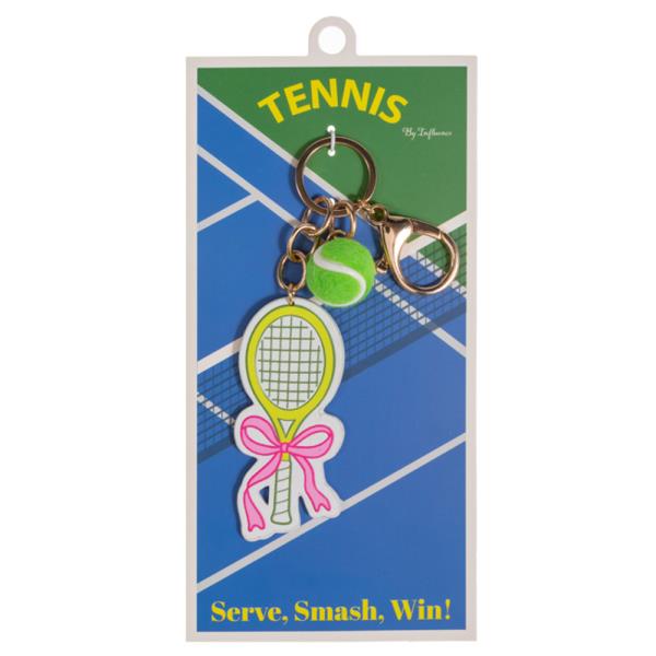 TENNIS RACKET SHAPED PATTERN PRINTED LEATHER W/ TENNIS BALL BAG CHARM