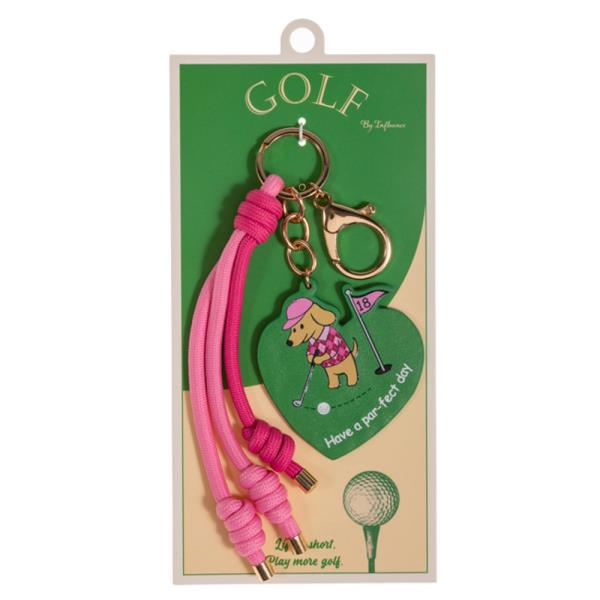 HEART SHAPED PLAYING GOLF PATTERN PRINTED LEATHER ROPE BAG CHARM