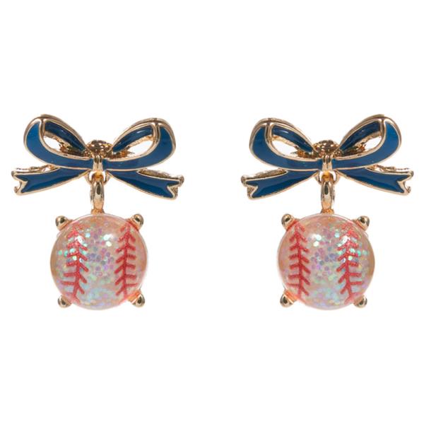 BOW W/ BASEBALL GLITTER STONE HYPOALLERGENIC EARRING