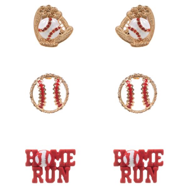 BASEBALL SHAPED ENAMELED ICONS 3 SET EARRING