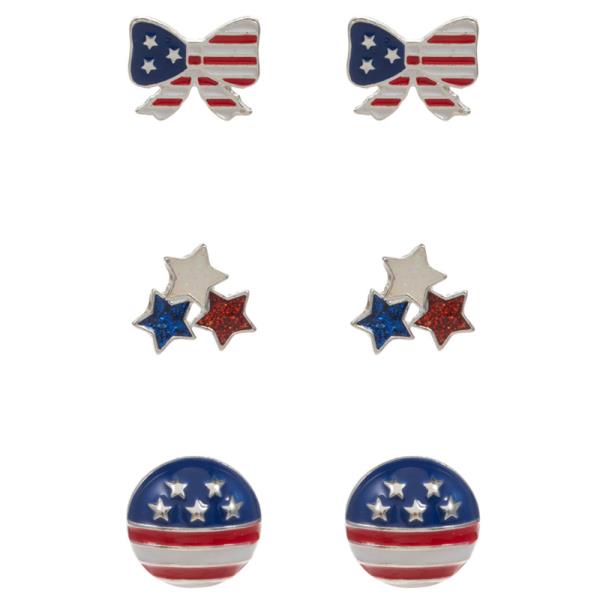 STAR SHAPED 3 SET AMERICAN FLAG COLOR ENAMEL POST EARRING