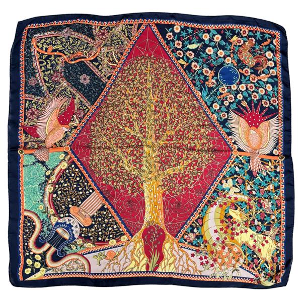 BORDERED TREE OF LIFE PRINT SATIN SCARF