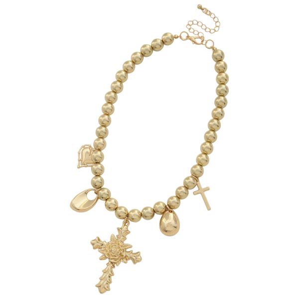 SDJ MULTI CHARM ROSE CROSS BEAD NECKLACE