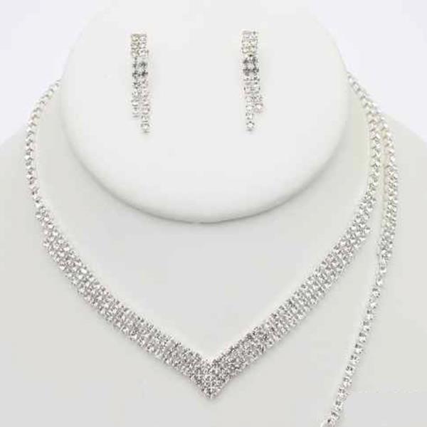 RHINESTONE V SHAPE NECKLACE EARRING BRACELET SET