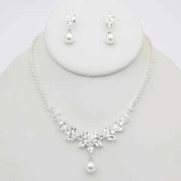 CZ PEARL DROP NECKLACE EARRING SET