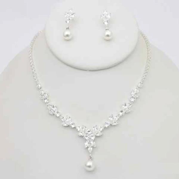 CZ PEARL DROP  NECKLACE EARRING SET