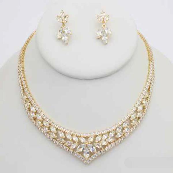 CZ V SHAPE NECKLACE EARRING SET